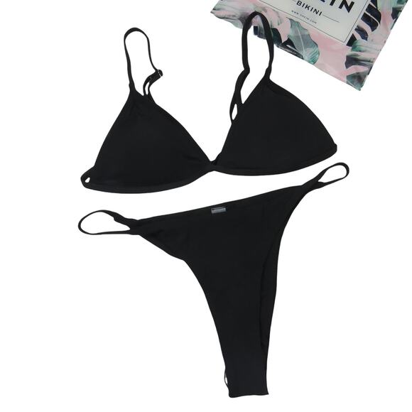 Shein Black Triangle Bikini Mini Thong Triangl Bikini Set Medium - Picture 1 of 5